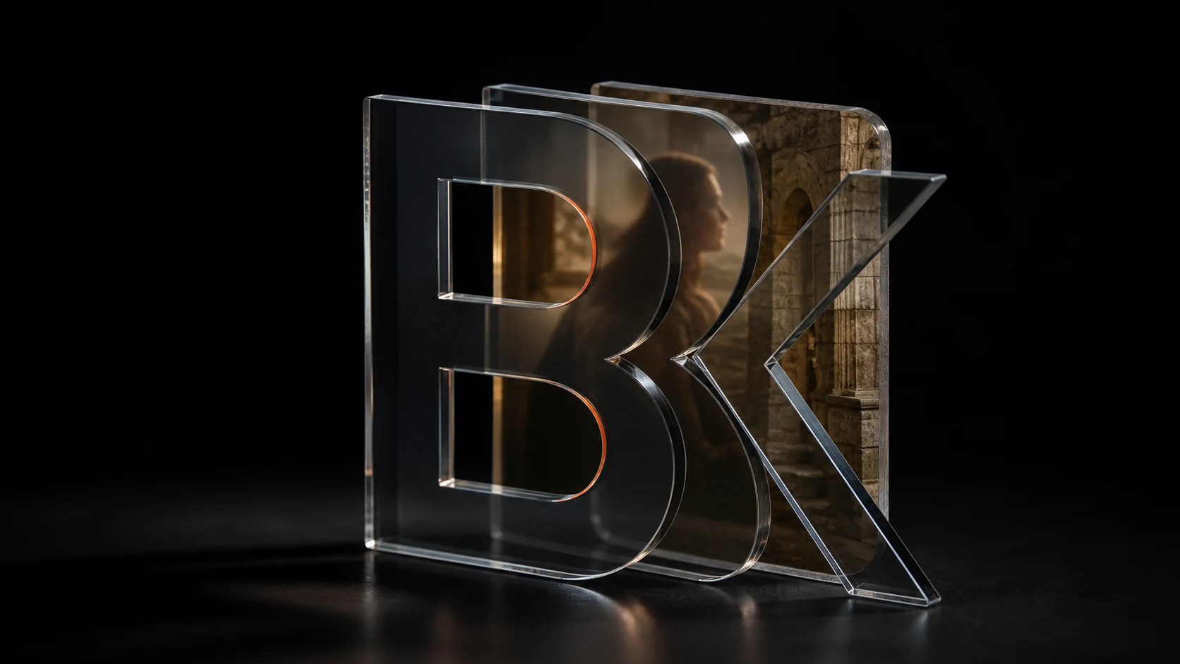 Three optical glass layers shaped from the BK monogram revealing a person and Junagadh stone architecture