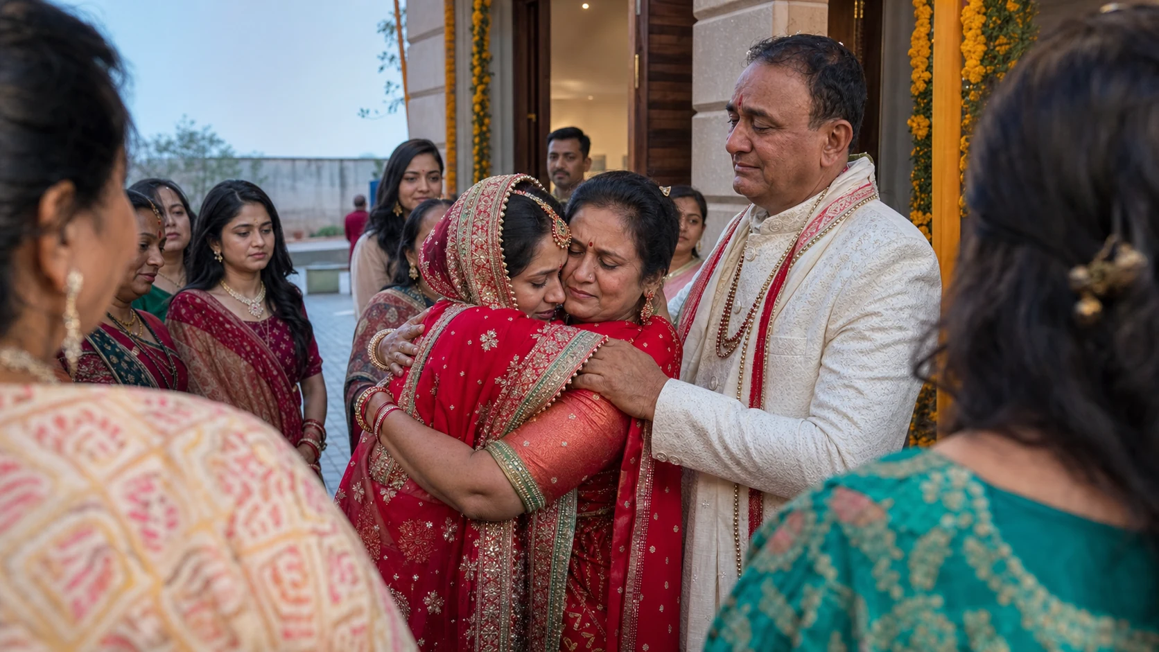 Young Gujarati bride embracing her mother while her father and family share the vidai emotion
